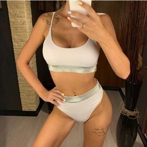 New White Shimmering Bralette Top Bikini Set Swimsuit Size L